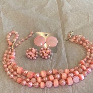 Vintage pink beaded 3 strand necklace and 2 sets earrings